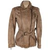 KOŽENÝ dámský hnědý kabát - křivák s páskem KARA 38