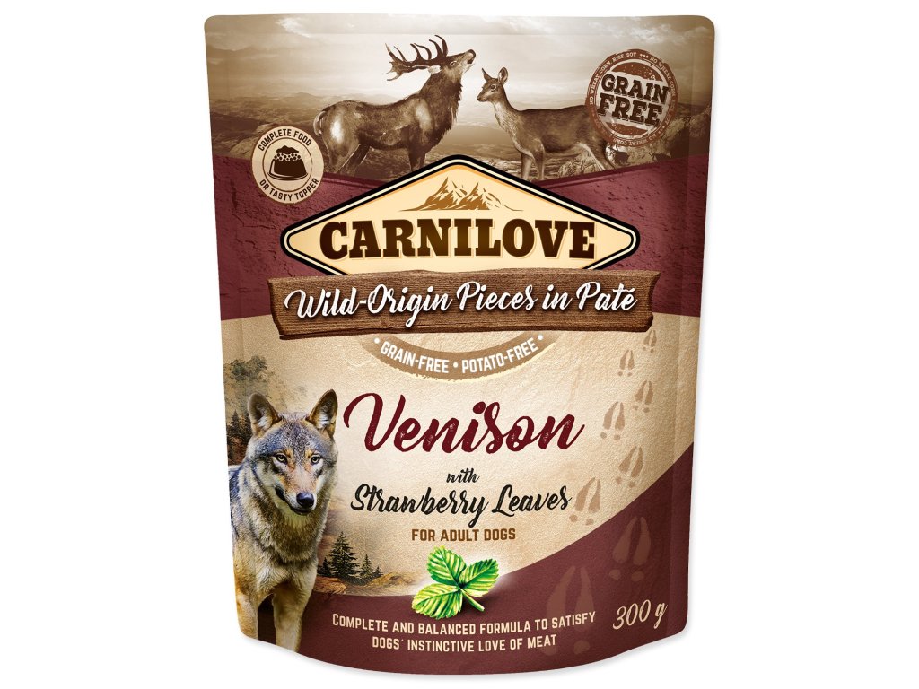Kapsička Carnilove Dog zverina s jahodovými listami, päté 300g