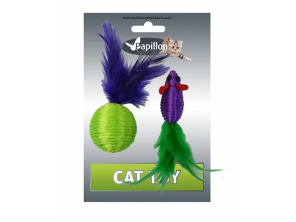 Mouse and ball with feathers green-purple mat