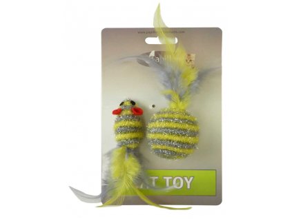 Mouse and ball with feathers gold-silver stripes glitter