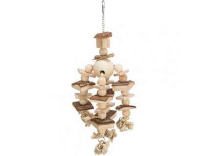 Hanging toy with wooden cubes and balls on knots