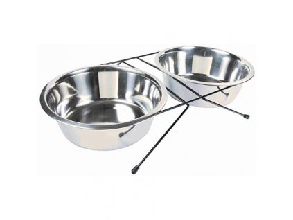 Nerez stojánek + 2 misky (Velikost nerezového stojánku 2 x 0,2 l/ø 11 cm/ 24 x 6 x 14 cm)
