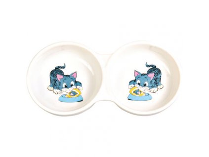 Ceramic double bowl, painted, cat motif 2x150ml/11cm