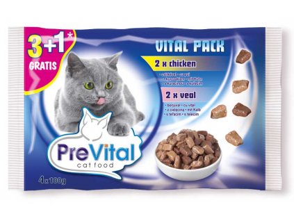 PreVital mačka kura a teľacie v omáčke, vrecko 100 g (4 pack)