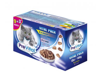 PreVital cat kurczak, cielęcina i łosoś w sosie, torebka 100 g (12 sztuk)