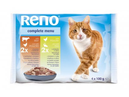 RENO Cat marhahús / baromfi, baromfi / hal, tasak 100 g (4 csomag)