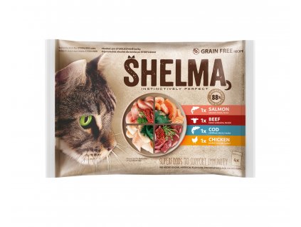 SHELMA Cat chicken, beef, salmon and cod, pouch 85 g (4 pack)