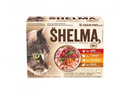 SHELMA Cat csirke, marha, kacsa és pulyka, zacskó 85 g (12 csomag)