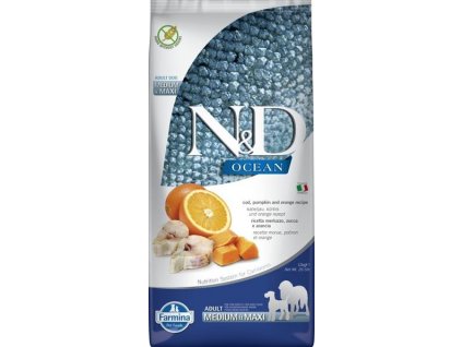N&D OCEAN Dog Grain Free Adult M/L Dorsz i dynia i pomarańcza 12 kg