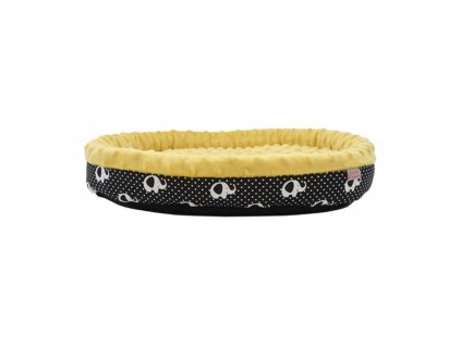 Pet bed, oval L, black and white elephants, ocher minky 35x30cm