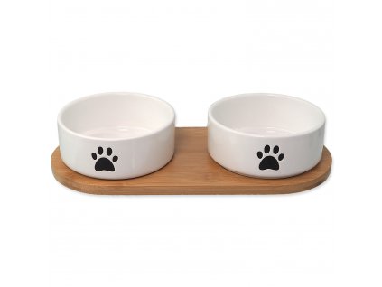 Set DOG FANTASY misky keramické s podtáckem bílé tlapka 2x 13 x 5,5 cm