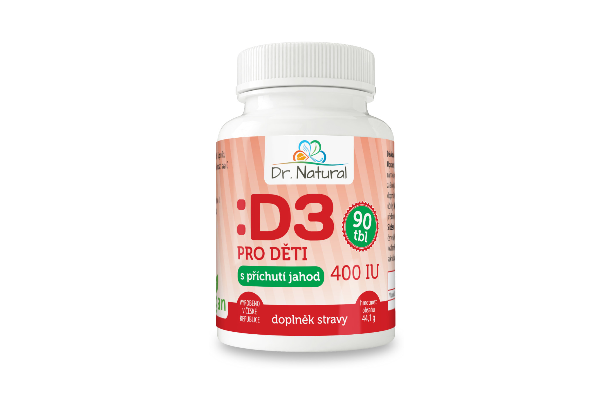 Natural Jihlava Vitamín D3 pro děti s příchutí jahod 400 IU 90 tbl. - Dr. Natural 44g
