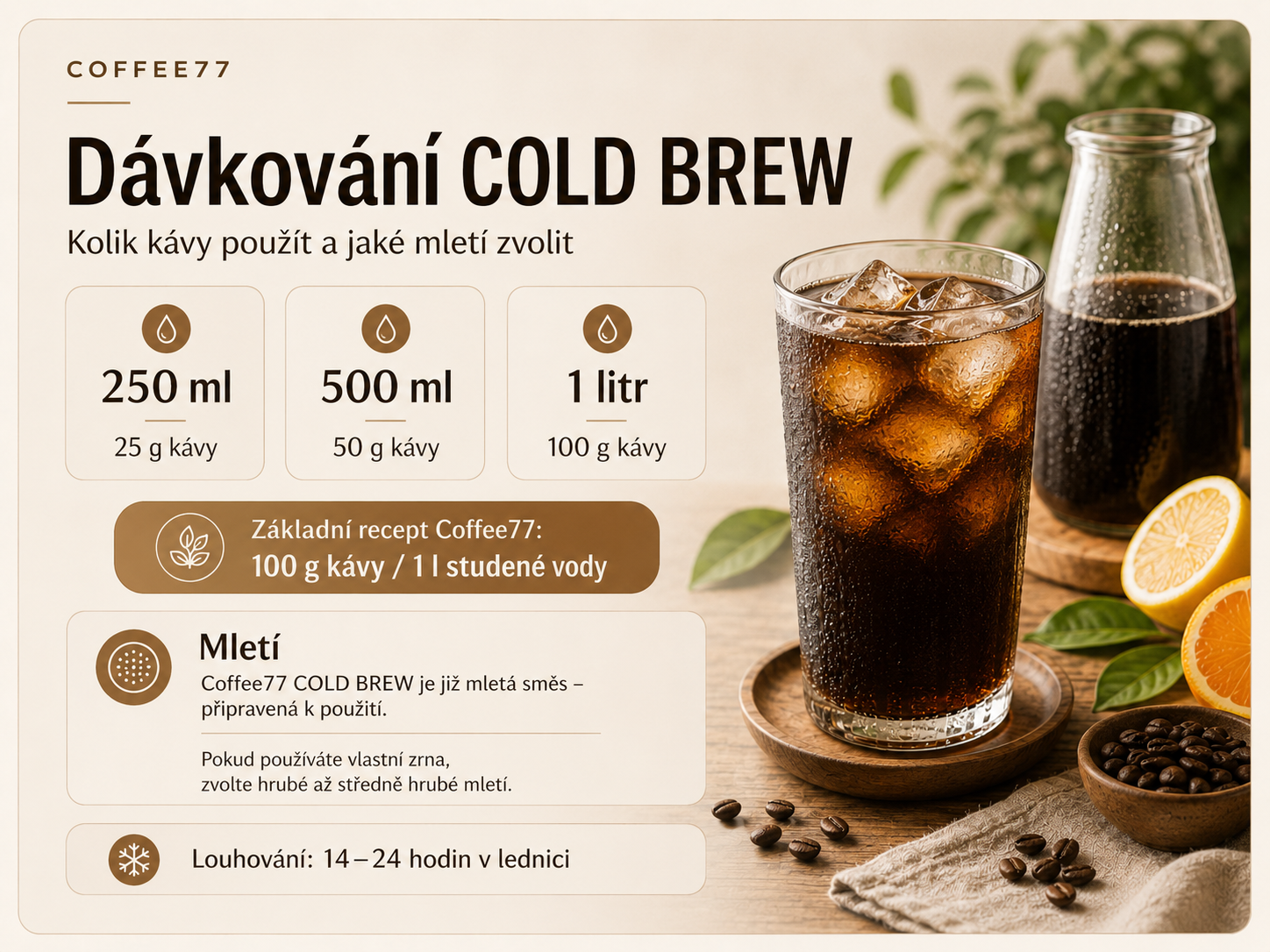 Dávkování Cold Brew – kolik gramů kávy použít na 250 ml, 500 ml a 1 litr