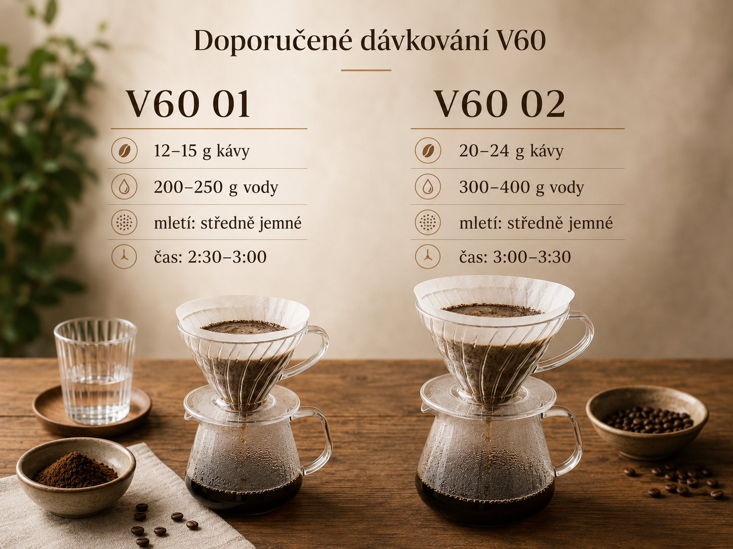 Doporučené dávkování kávy pro V60 01 a V60 02