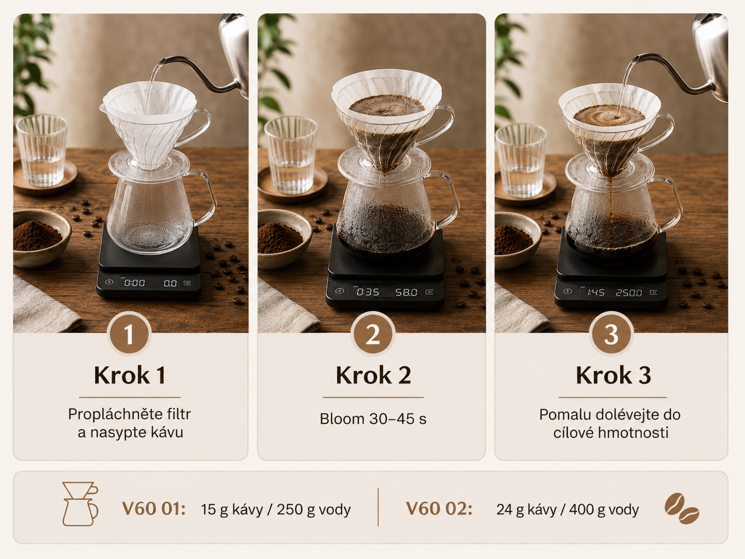 Postup přípravy kávy ve V60 krok za krokem