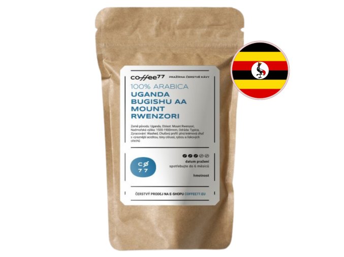 UGANDA Bugishu AA Mount Rwenzori – balení zrnkové kávy s vlajkou Ugandy