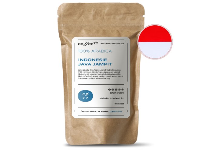Indonesie Java Jampit – zrnková káva Coffee77 v sáčku s vlaječkou Indonésie