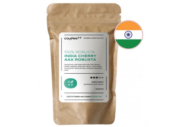 INDIA Cherry AAA robusta – balení 100% robusty z Indie s vlajkou