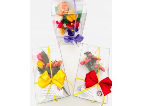Kytice sasanek a tulipánů v dárkové krabičce - ANEMONE PŘEVÁZANÁ MAŠLIČKOU S CEDULKOU DLE VÝBĚRU