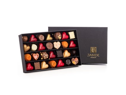 cerna luxusni krabicka na 28ks pralinek a lanyzu cokolada cokoladove poteseni darek obdarovani poteseni coko cokoladovna janek