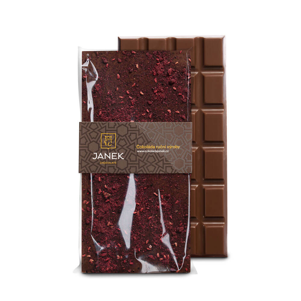 Čokoládovna Janek Mléčná čokoláda s drcenými lyofilizovanými malinami a ostružinami
