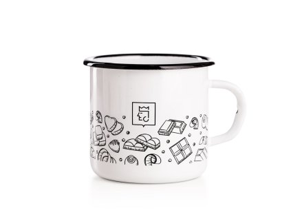 plechacek merch plech hrnek cokolada logo cerny lem bila cokoladove obrazky na cesty pro sebe a blizke cokoladovna janek