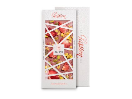 Ruby čokoláda passion s pomarančom, jahodami, pistáciami a kvetmi ruže