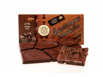 Čokoláda mléčná 51% s KÁVOVÝMI ZRNY, 45 g, Čokoládovna Troubelice
