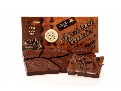 Čokoláda mléčná 51% s KÁVOVÝMI ZRNY, 45 g, Čokoládovna Troubelice