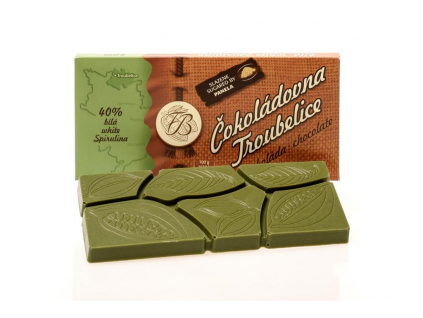 Čokoláda bílá 40% se spirulinou, 45 g, Čokoládovna Troubelice