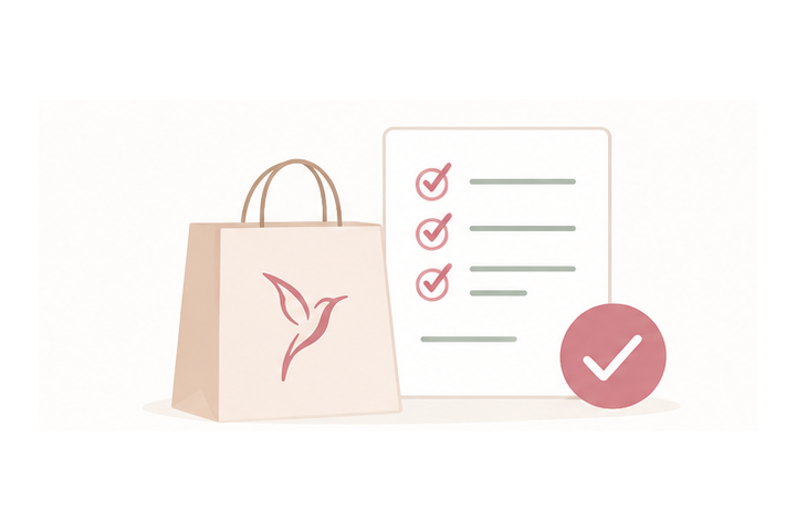 Jednoduchá ilustrace objednávky COLIBRI-print s taškou a kontrolním seznamem
