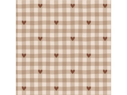 Mini Gingham Kostka a Srdíčka Neutrální Hnědá (Materiál: Teplákovina (French terry - přírodní))