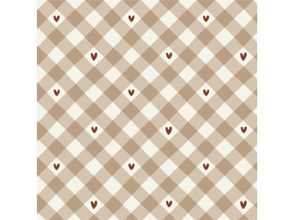 Diagonální Gingham se Srdíčky, Valentýn - Neutrální Studená Hnědá (Materiál: Teplákovina (French terry - přírodní))