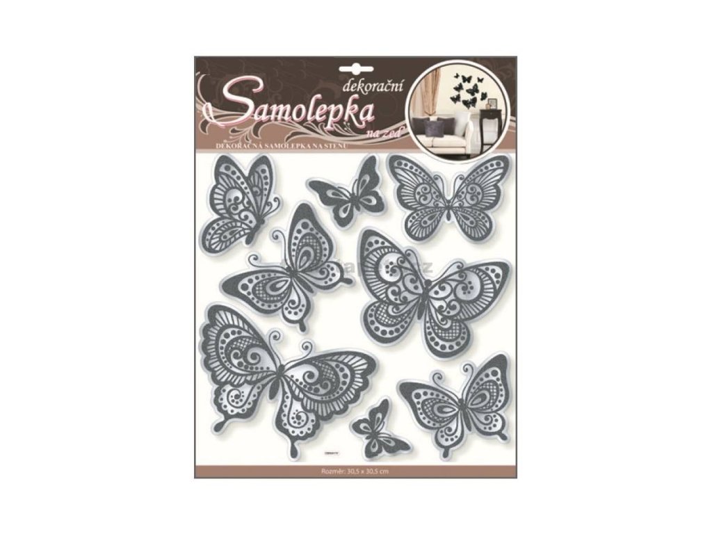 35292 samolepici pokojova dekorace zrcadlova motylci s cernymi flitry