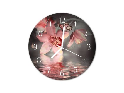 Nástěnné hodiny obrazové na skle - Orchidej starorůžová