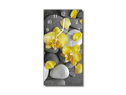 Nástěnné hodiny obrazové na skle - Orchidej žlutá na kamení