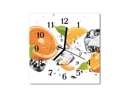 Nástěnné hodiny obrazové na skle - Pomeranč a led
