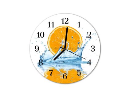 Nástěnné hodiny obrazové na skle - Pomeranč ve vodě
