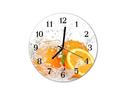 Nástěnné hodiny obrazové na skle - Pomeranče ve vodě