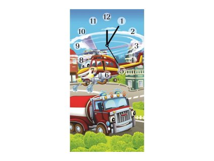 Nástěnné hodiny obrazové na skle dětské - Hasičské auto s vrtulníkem