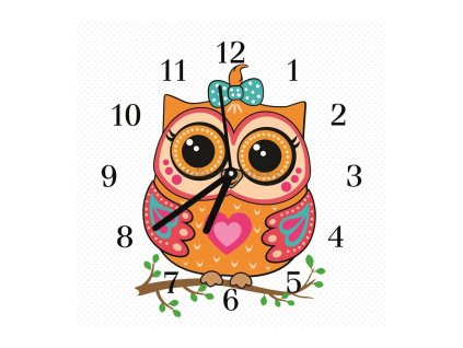 Nástěnné hodiny obrazové na skle dětské - Sovička barevná