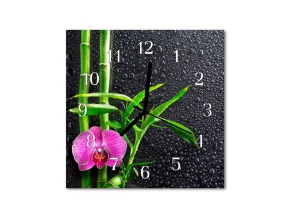 Nástěnné hodiny obrazové na skle - Bambus a orchidej