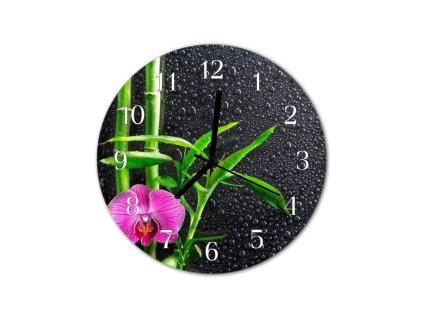 Nástěnné hodiny obrazové na skle - Bambus a orchidej
