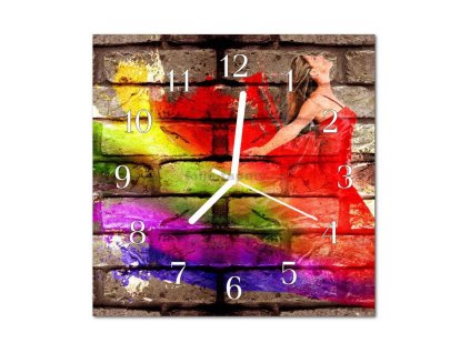 Nástěnné hodiny obrazové na skle - Cihlová zeď žena