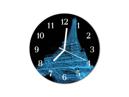 Nástěnné hodiny obrazové na skle - Eiffelová věž modrá