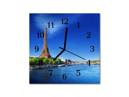 Nástěnné hodiny obrazové na skle - Eiffelova věž ve dne