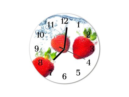 Nástěnné hodiny obrazové na skle - Jahody ve vodě