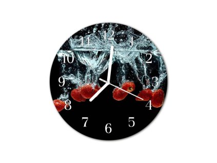 Nástěnné hodiny obrazové na skle - Jahody ve vodě I