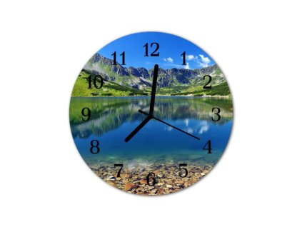 Nástěnné hodiny obrazové na skle - Jezero a hory