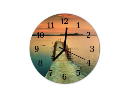 Nástěnné hodiny obrazové na skle - Jezero a molo
